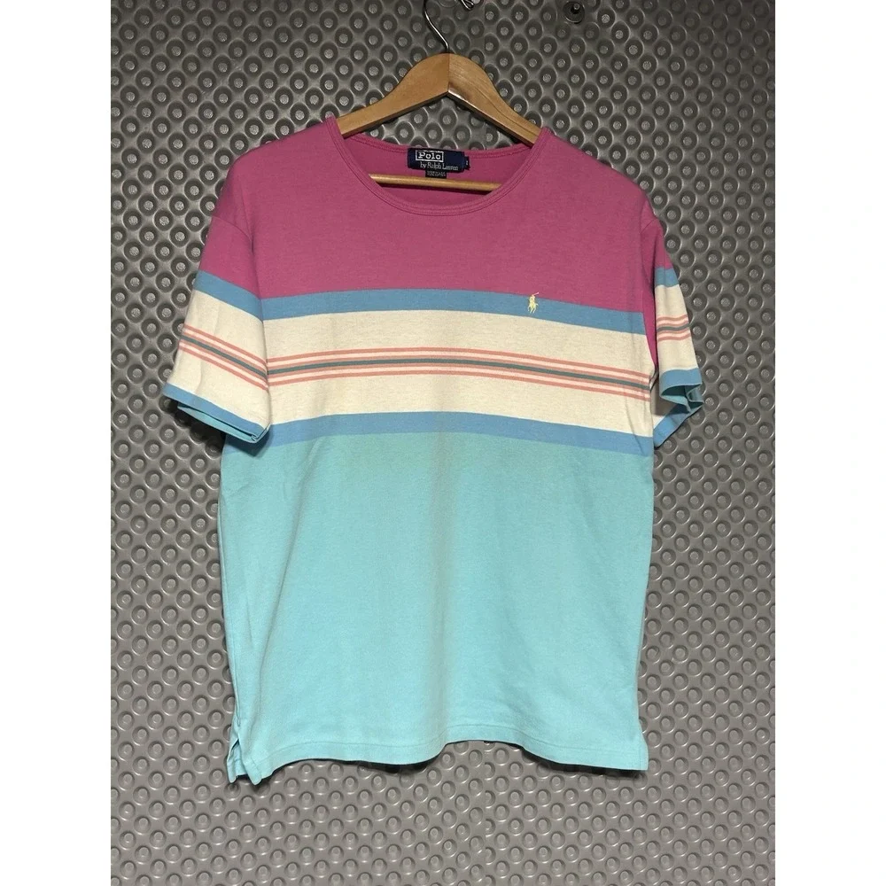 Polo Ralph Lauren Men's L Vintage 90S Striped Cotton T-Shirt MADE IN USA RARE